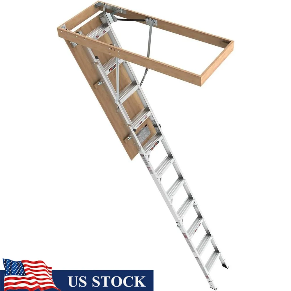 Aluminum Attic Ladder Pull Down System 10ft Folding Access Stairs Heavy Duty Loft Steps Safe Secure Non-slip 350lbs Capacity