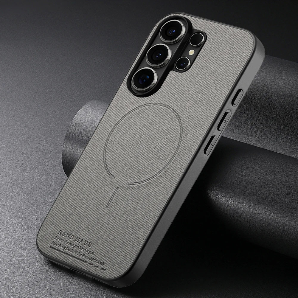 Luxury Wireless Charge Frosted Leather Panel Case for Samsung Galaxy S26 Ultra S25 Edge S24 FE S23 Plus Soft Frame Protect Cover