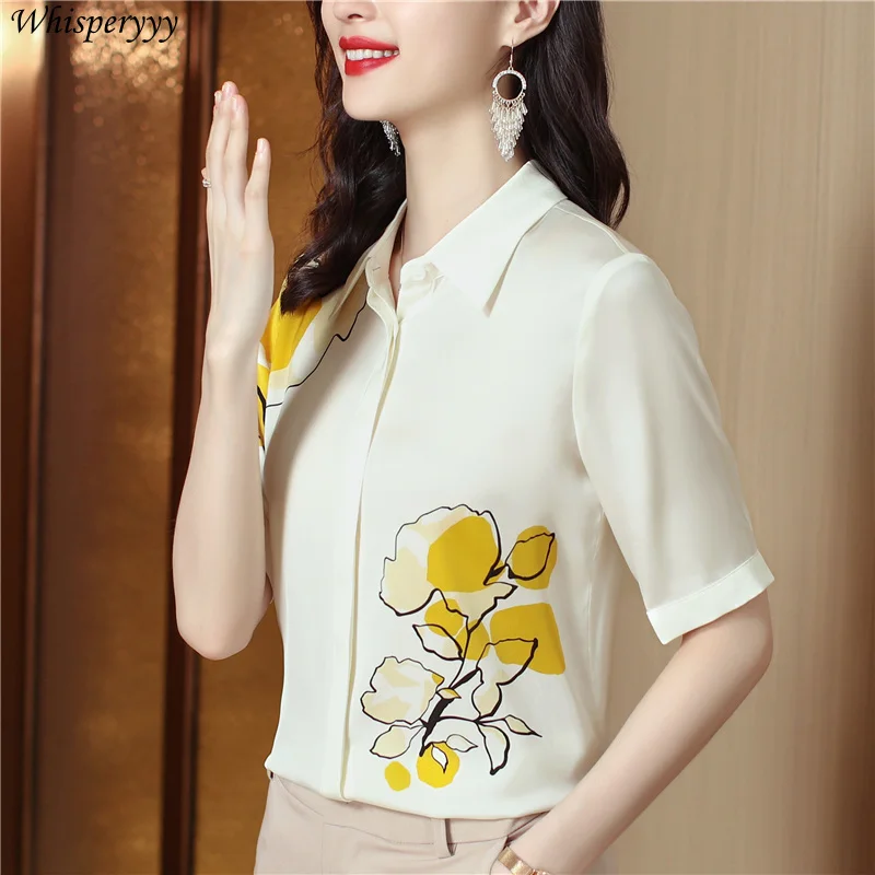 Blouse for Ladies Summer Short Sleeve Color Contrast Printed Fashion Turn-down Collar Tops Female Single-breasted Shirt Women
