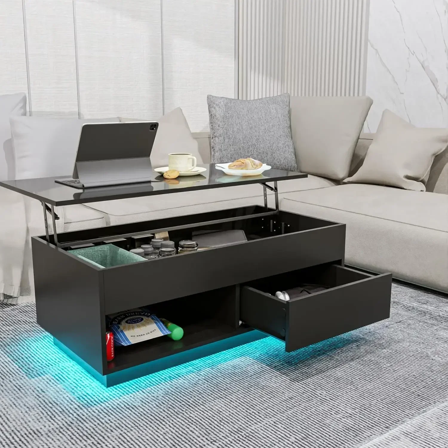 XMSJ-Lift Top Coffee Table dengan Penyimpanan LED Coffee Table Morden High Gloss Ruang Tamu 3 Tingkat Modern Tea Table