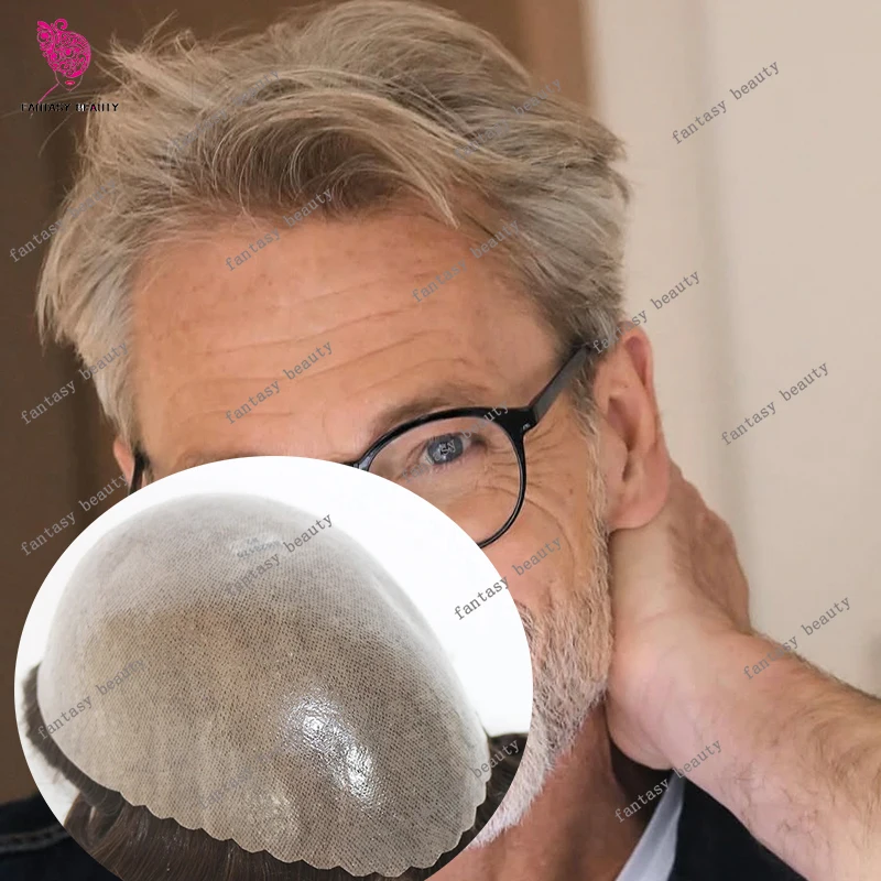 

Двойные узлы, тонкая кожа, искусственная кожа, 0,12 мм, натуральные волосы, мужской парик, 100% человеческие волосы, коричневый, серый, мужской парик, система замены протезов, Capillar