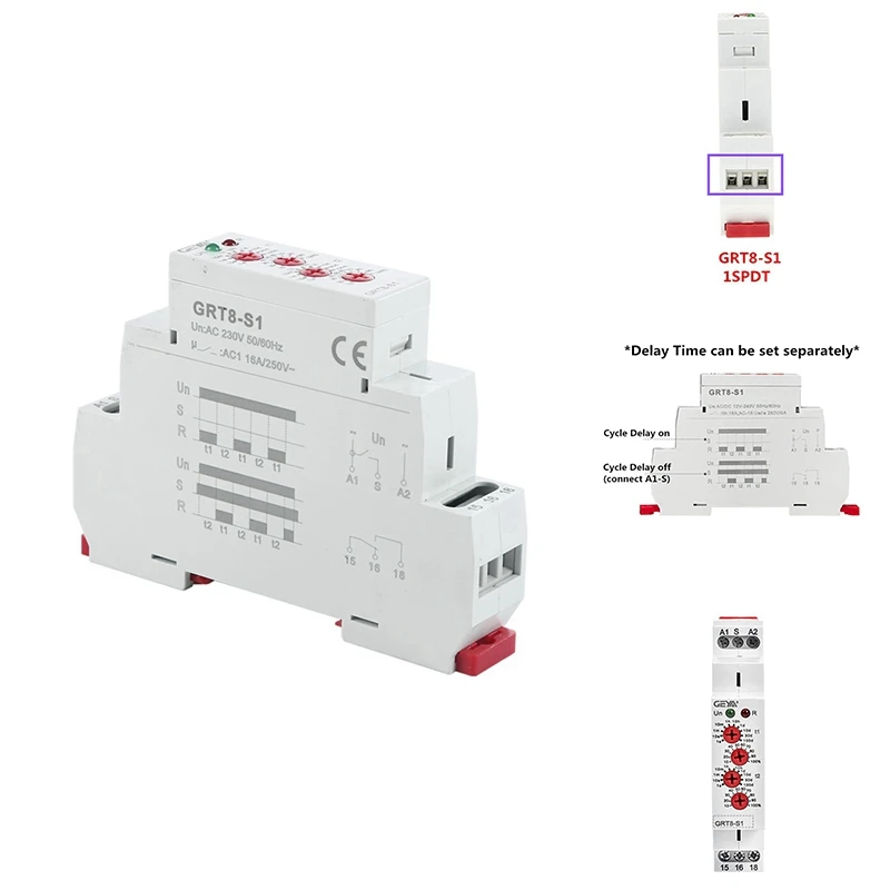 GEYA GRT8-S Asymmetric Cycle Timer Relay SPDT 16A Electronic Repeat Relay, GRT8-S1