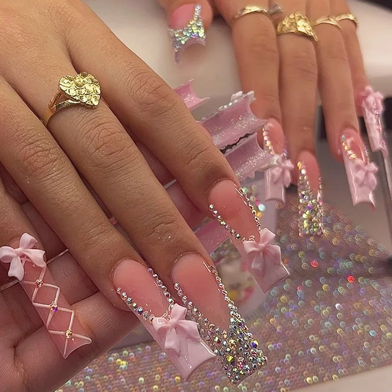 

24pcs Long Ballet French Press on Nails with Cute Pink Bow Shiny Diamond Decor False Nail Tips Wearable Sweet Korean Fake Nails