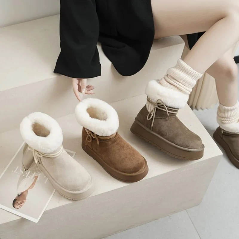 

Faux Fur Women Winter Snow Luxury Fluffy Fuzzy Warm Cozy Waterproof Platform Lace-up Mid-Calf Ski Boots 2026 New Hot