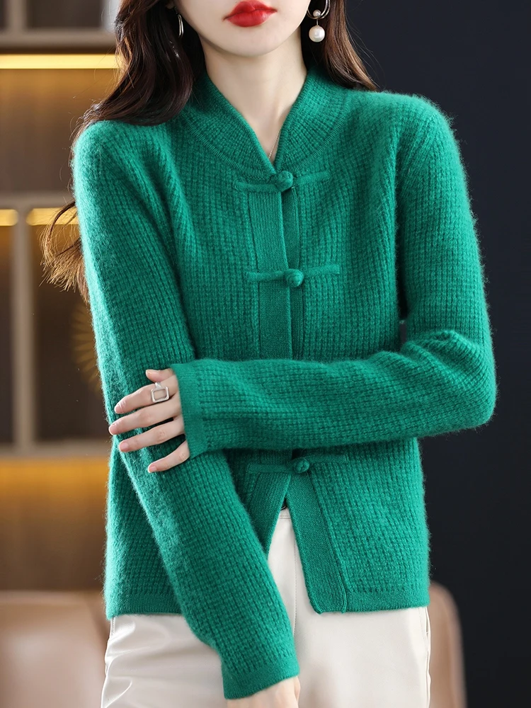 100% Pure Wool Cardigan Casual Knitted Half-high Collar Women China Knot Buckle Sweater Knitted Autumn Winter Cashmere Jacket