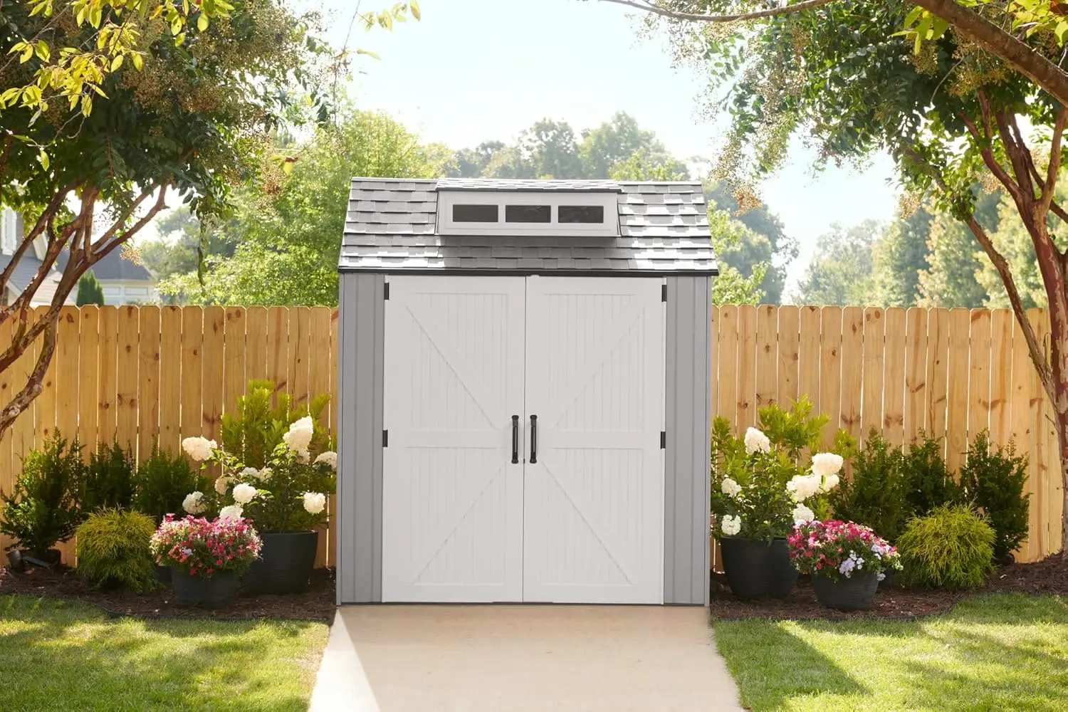 

Rubbermaid Resin Outdoor Storage Shed With Floor (7 x 7 Ft), Weather Resistant, Gray, Organization for Home/Backyard/Garden