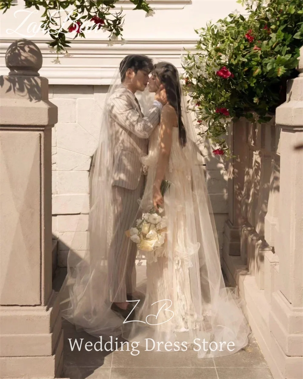 ZanBan Spaghetti Straps Soft Tulle Layered Korea Wedding Dresses Photo shoot Tiered Fairy Bridal Gowns Party Evening Customized image 3