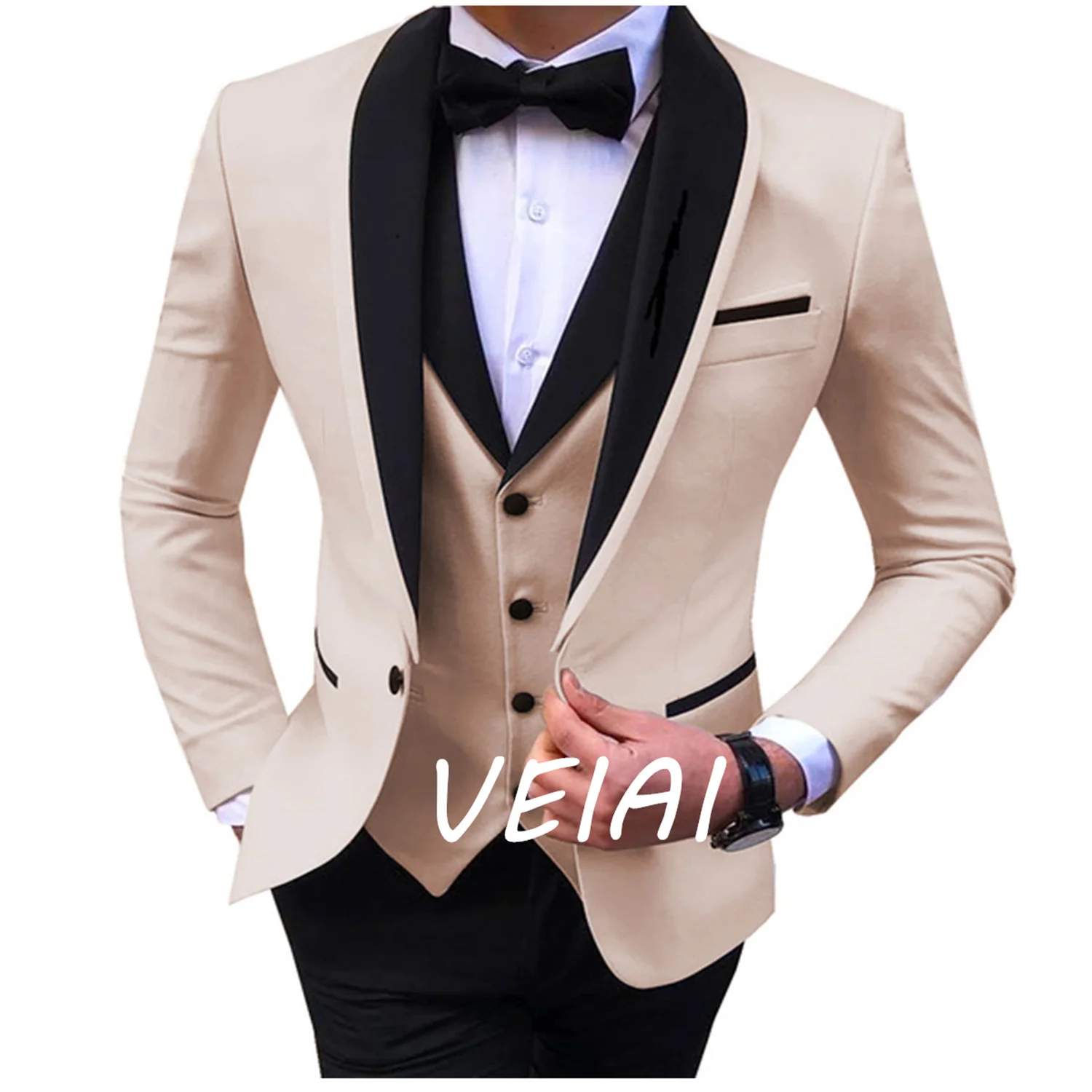 

Мужские костюмы с синим разрезом по индивидуальному заказу, черные повседневные смокинги с шалью и лацканами для свадьбы, мужские костюмы жениха 2023 (пиджак + жилет + брюки)