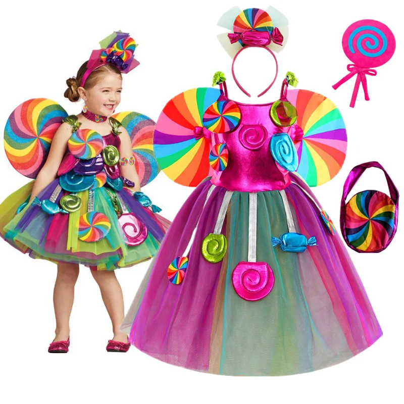 2023 Princess Girl Candy Dress Costume Kids Birthday Party Cosplay Costume New Year  Lollipop Cute Dress Christmas Purim Clothes