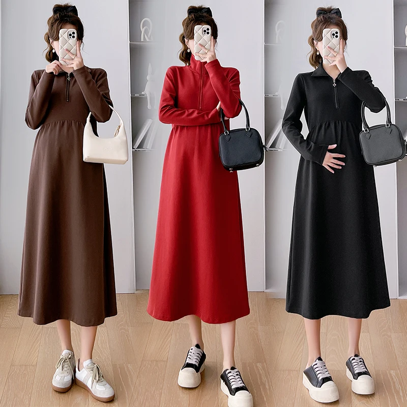 8155# 2023 Autumn Vintage Maternity Long Dresses Elegant A Line Slim Clothes for Pregnant Women Casual Pregnancy Clothing