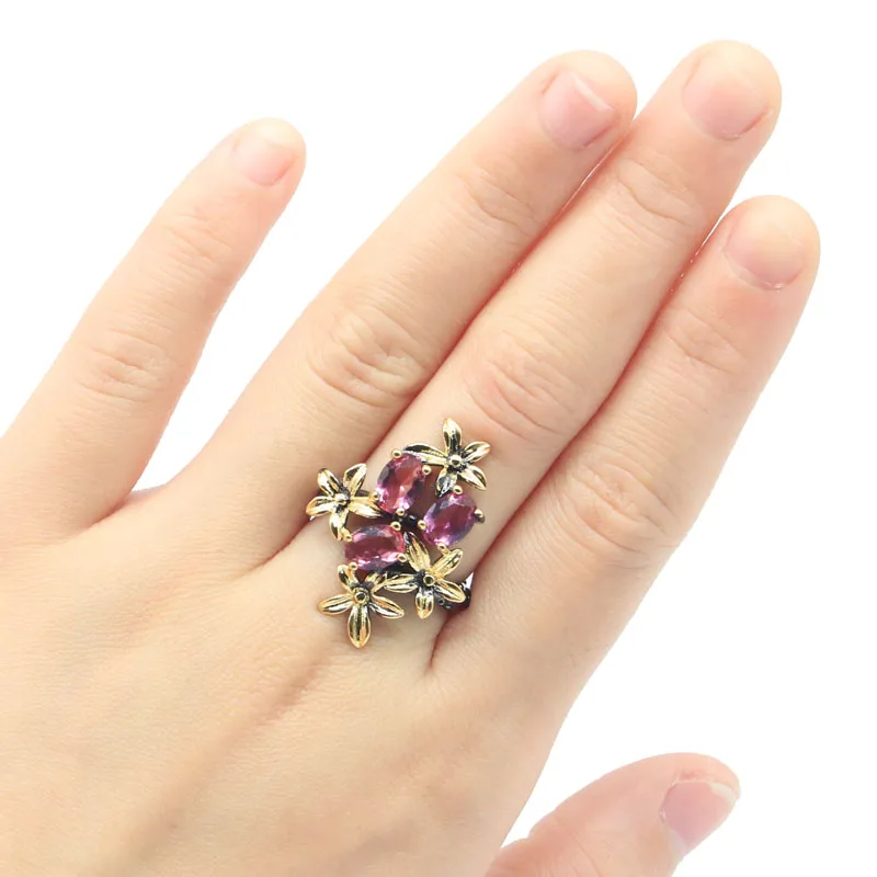 28x21mm Unique Vintage Gold Flowers Blue Aquamarine Violet Tanzanite Pink Tourmaline Peridot Cool Black Metal Silver Rings view 6