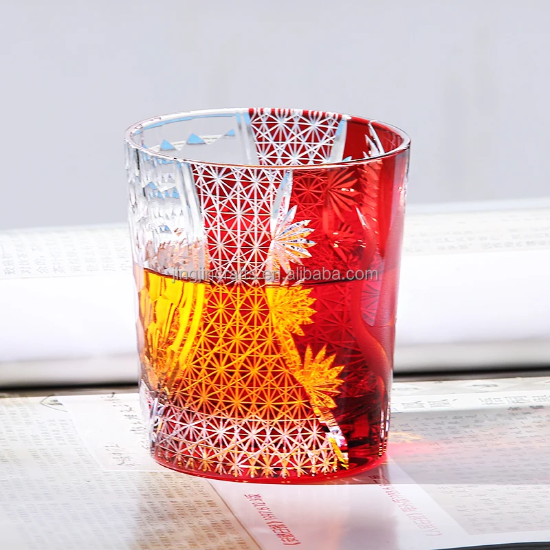 Японский стеклянный стакан для виски Edo Kiriko, 250 мл, прозрачный красный/прозрачный синий цвет, гравировка, стеклянный стиль