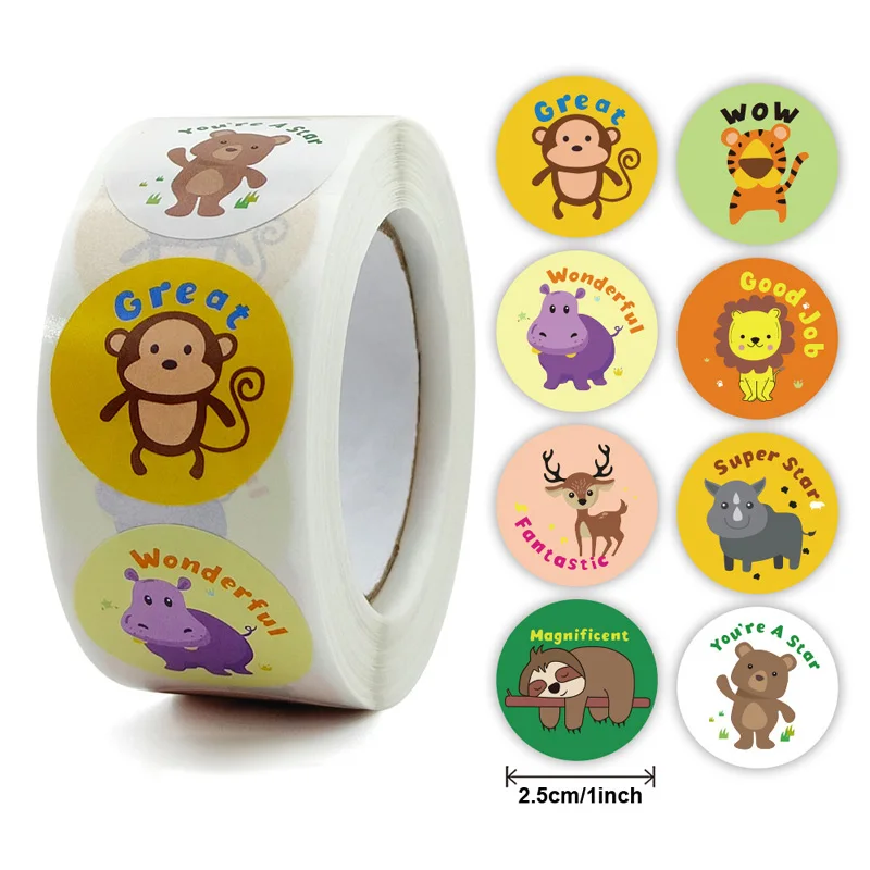 500Pcs/Roll Children\'s Cute Animal Scroll Reward Stickers for School Teacher Supplies Student Kids Inspirational Labels