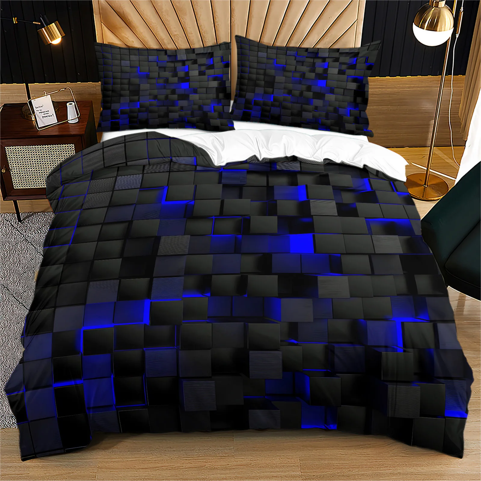 Black Blue Geometric Cube Duvet Cover Set Modern Abstract Stereo Square Bedding Set Soft Polyester Quilt Cover with Pillowcases