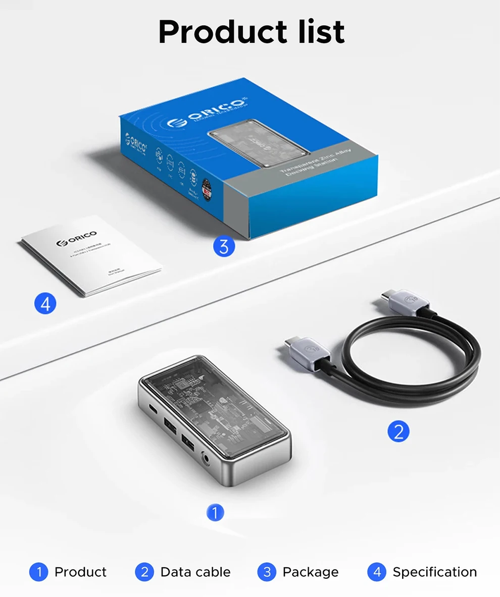 ORICO adaptor Splitter tipe C, aksesori Laptop Hub Port USB 3.0 Multi, adaptor Splitter Tipe C PD 100W RJ45 HDMI Com untuk Macbook Pro PC
