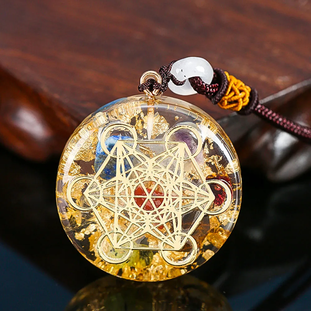 Orgonite Metatron Cube Energy Enhancing Pendant 7 Chakra Natural Stone with Gold Foil Mental Relaxation Sacred Geometry Jewelry