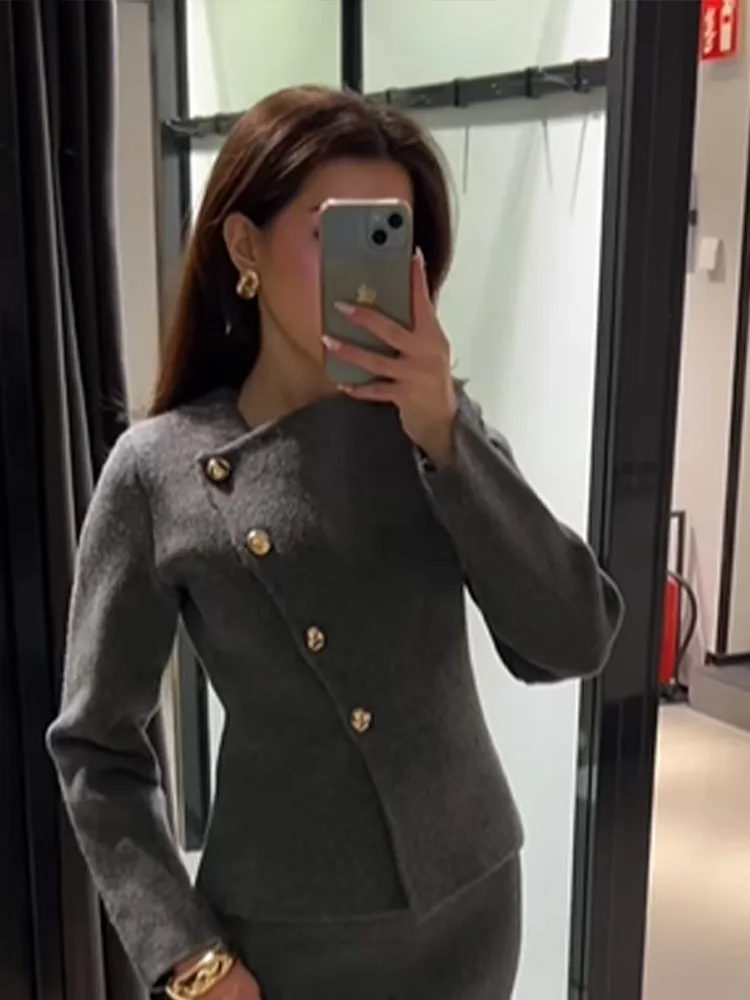 Women Slanted Collar Slim Woolen Jacket Fasion Elegant Single Breasted Gray Coat Spring New Office Commuting Casual Outerwear