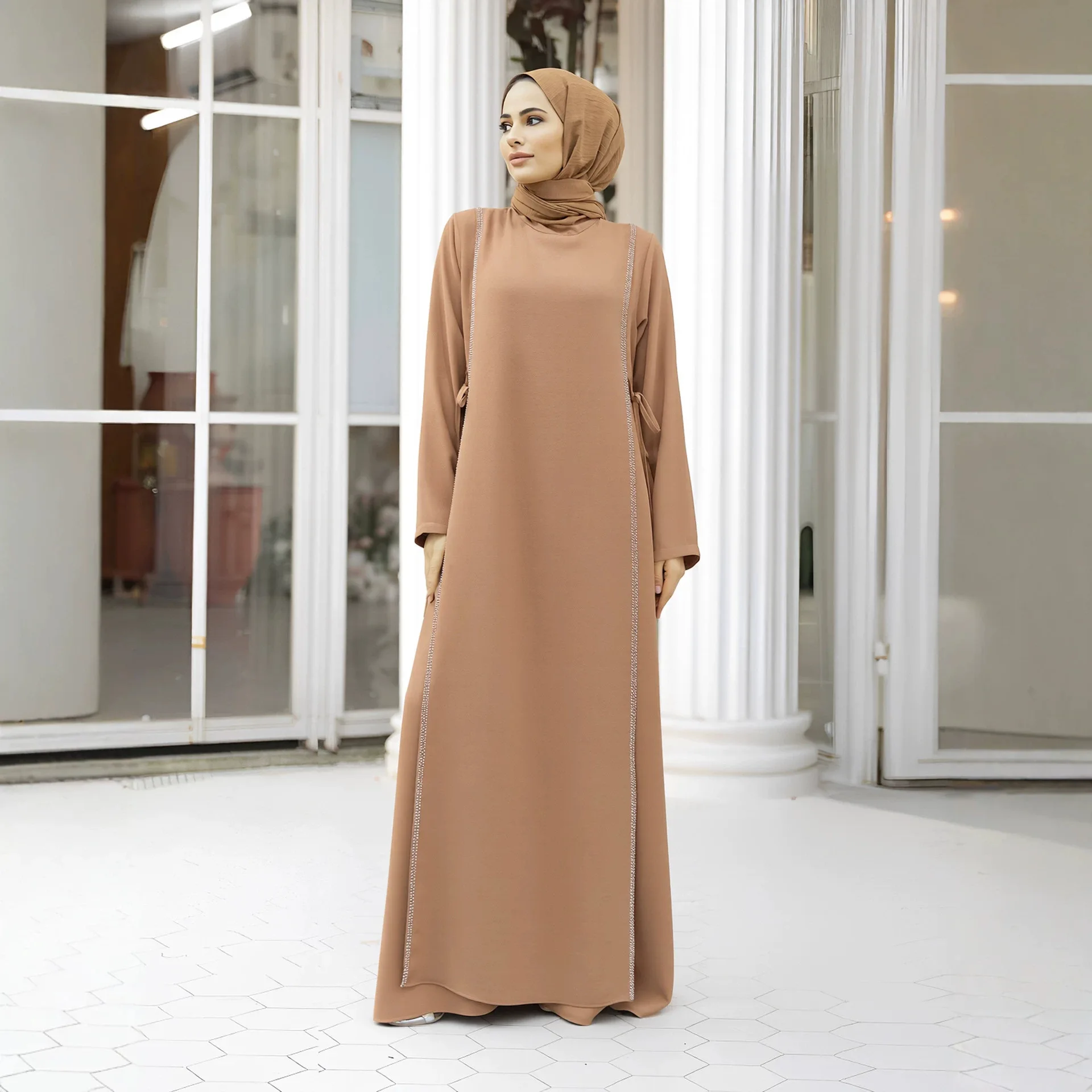 Ramadan Diamonds Abaya Dress Lace Up Waist Maxi Party Dresses Dubai Kaftan Muslim Robe Femme Musulmane Vestidos Islam Jalabiya