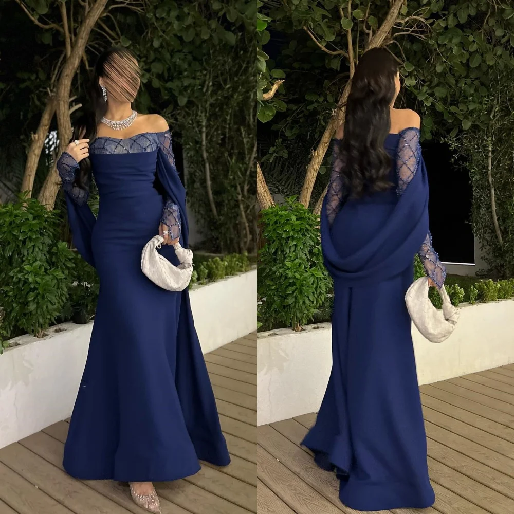 Customized Elegant Off-the-shoulder A-line Floor Length Evening Dresses Rhinestone Chiffon Formal Occasion Gown vestido de casam