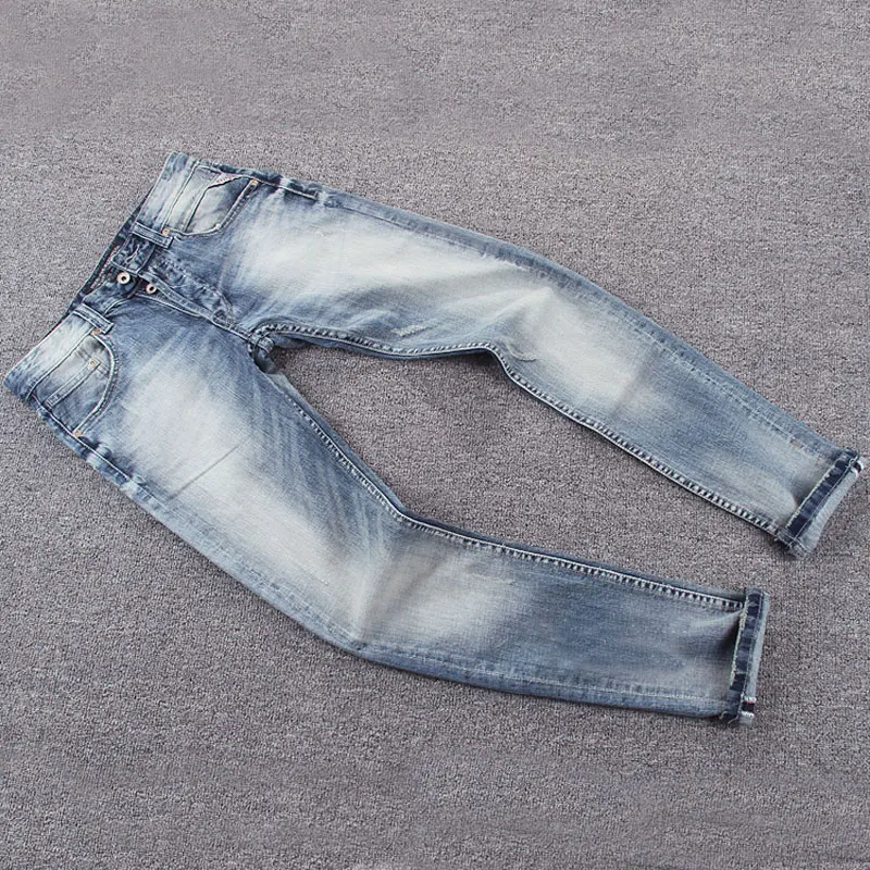 

Fashionable new men's jeans slim fit tight retro washed blue jeans Italian style retro embroidered jeans Y2K