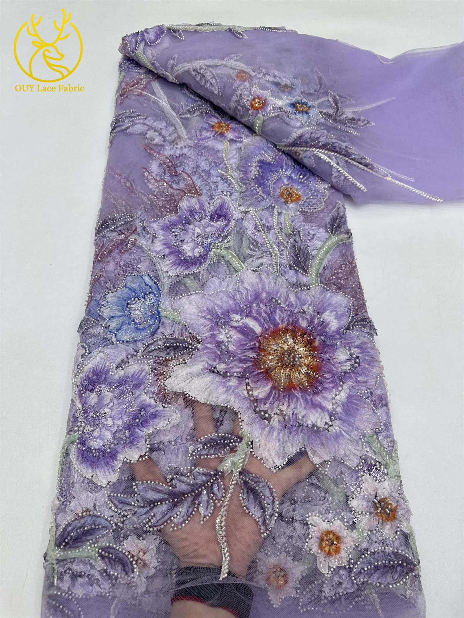Neuer Stil 3D Blumen-Pailletten-Perlen-Spitzenstoff 2026 Afrikanischer Spitzenstoff Französische Netz-Pailletten-Spitze für Hochzeitskleider zum Nähen – Detail 14
