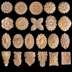 Carved Flower Wood Carving Natural Wood Appliques for Furniture Cabinet Unpainted Wooden Decals