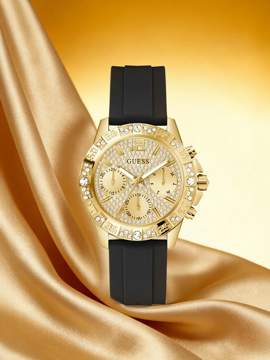

Элегантные женские кварцевые наручные часы GUESS с полностью инкрустированным кристаллами корпусом, черным силиконовым ремешком – модный аксессуар для повседневной носки