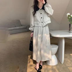 Spring Autumn Women Elegant Skirt Two Piece Set Turn-down Collar Crop Tops Short Jackets + High Waist A-line Pleated Skirts Suit