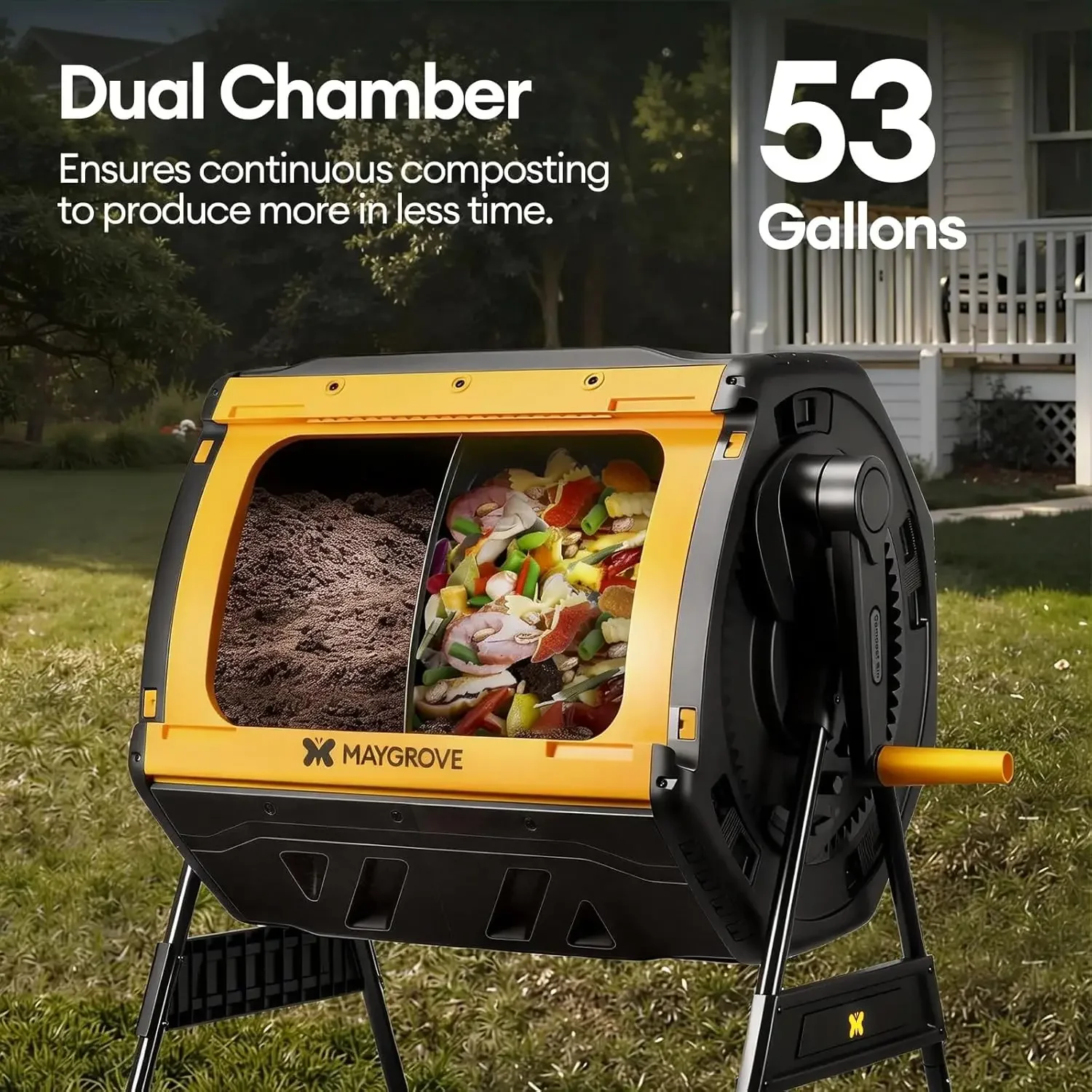 Outdoor Compost Bin 53 Gallon Dual Chamber Large Compost Tumbler for Garden Backyard with 360 Rotating Sliding Doors Solid