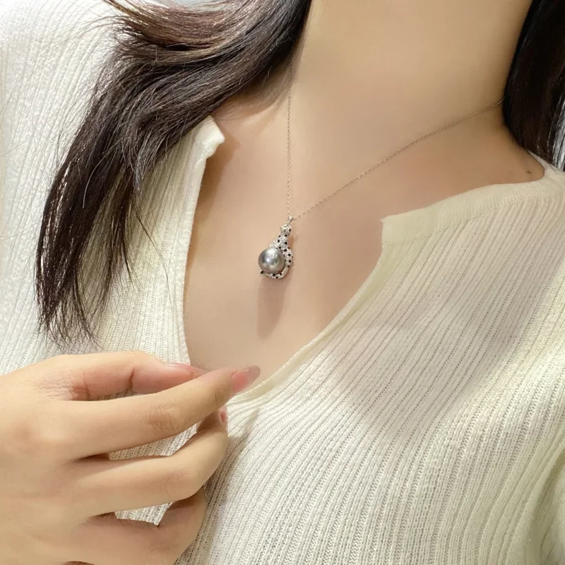 

12-13Mm Tahitian Pearl With 925 Sterling Silver Pendant Two-Color Full Zirconium Inlaid