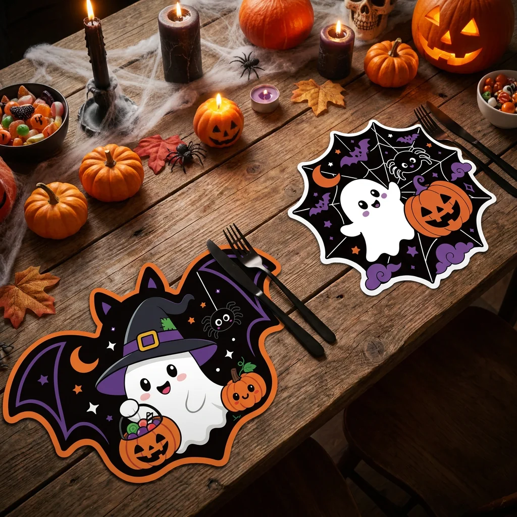 20pcs shaped Halloween paper placemats, disposable desktop decorative mats, and two cartoon shapes are suitable for Halloween.