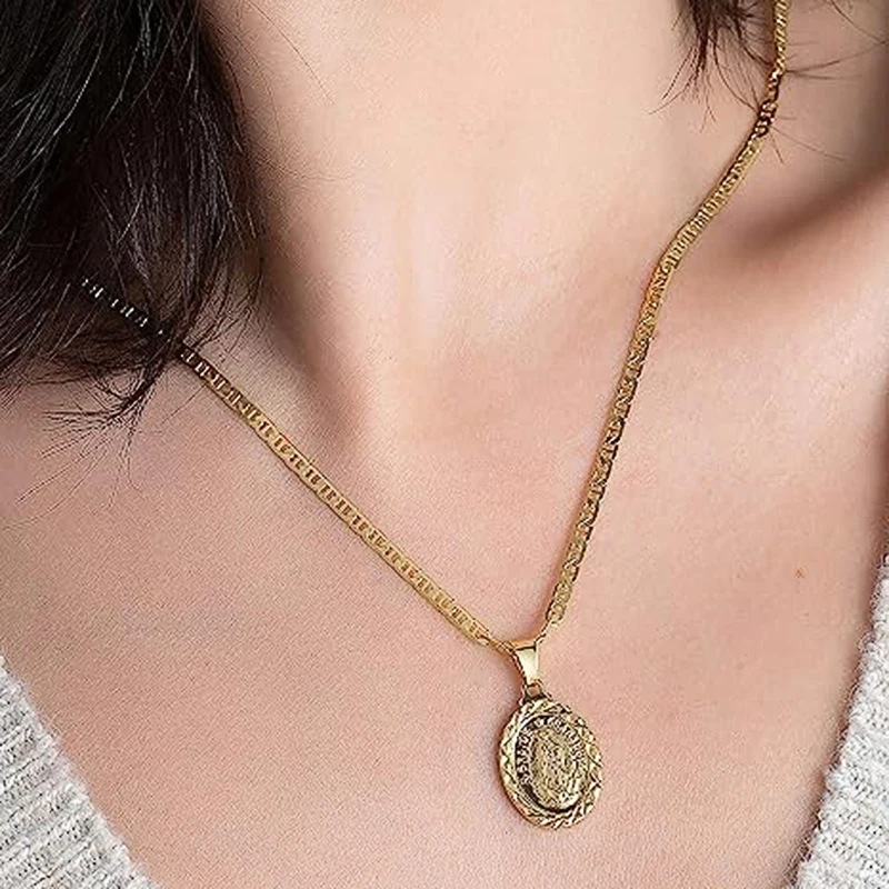 Huitan Catholic Virgin Mary Statue Pendant Necklace for Women Metal Gold Color/Silver Color Christian Necklace Statement Jewelry