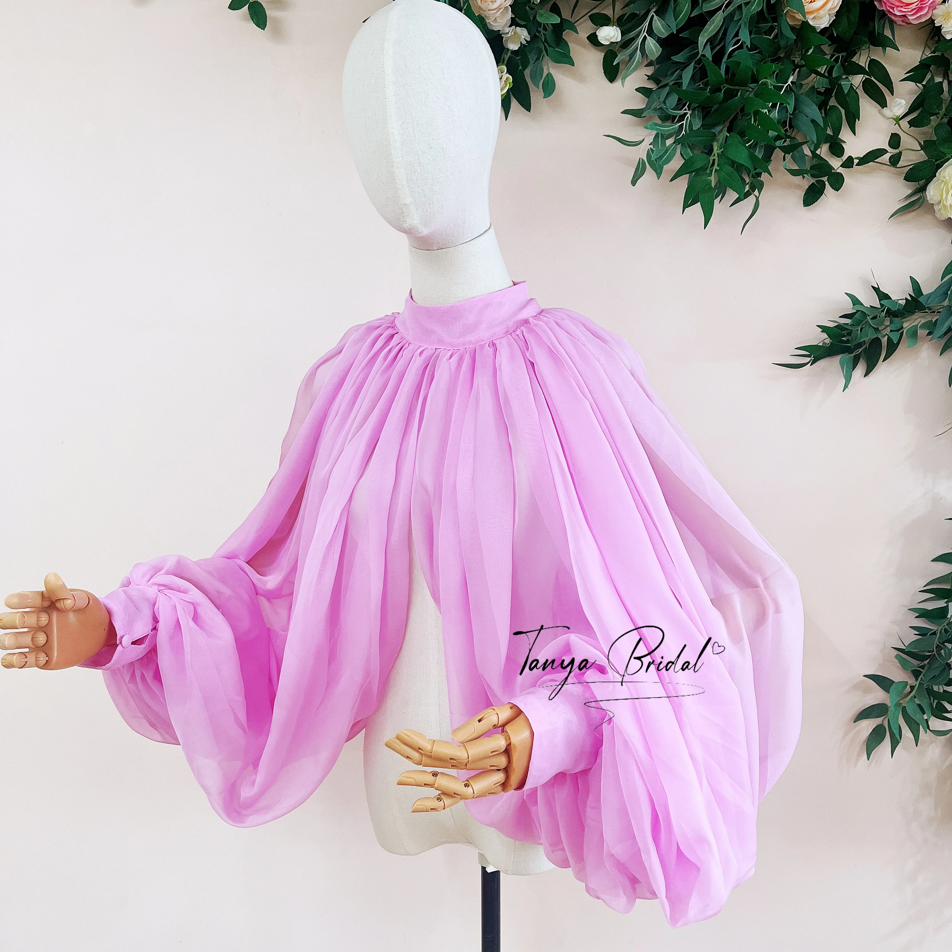Dreamy Boho Pink Chiffon Bolero – Flowy Sheer Puff Sleeve Wrap for Bohemian Brides