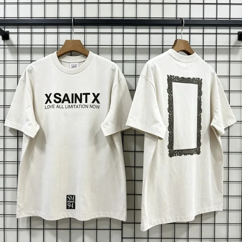 Summer Men Women Saint Tshirts Breathable Cotton White Round Neck Short Sleeve Tee Lace Square Frame Tops Casual Street Outfit