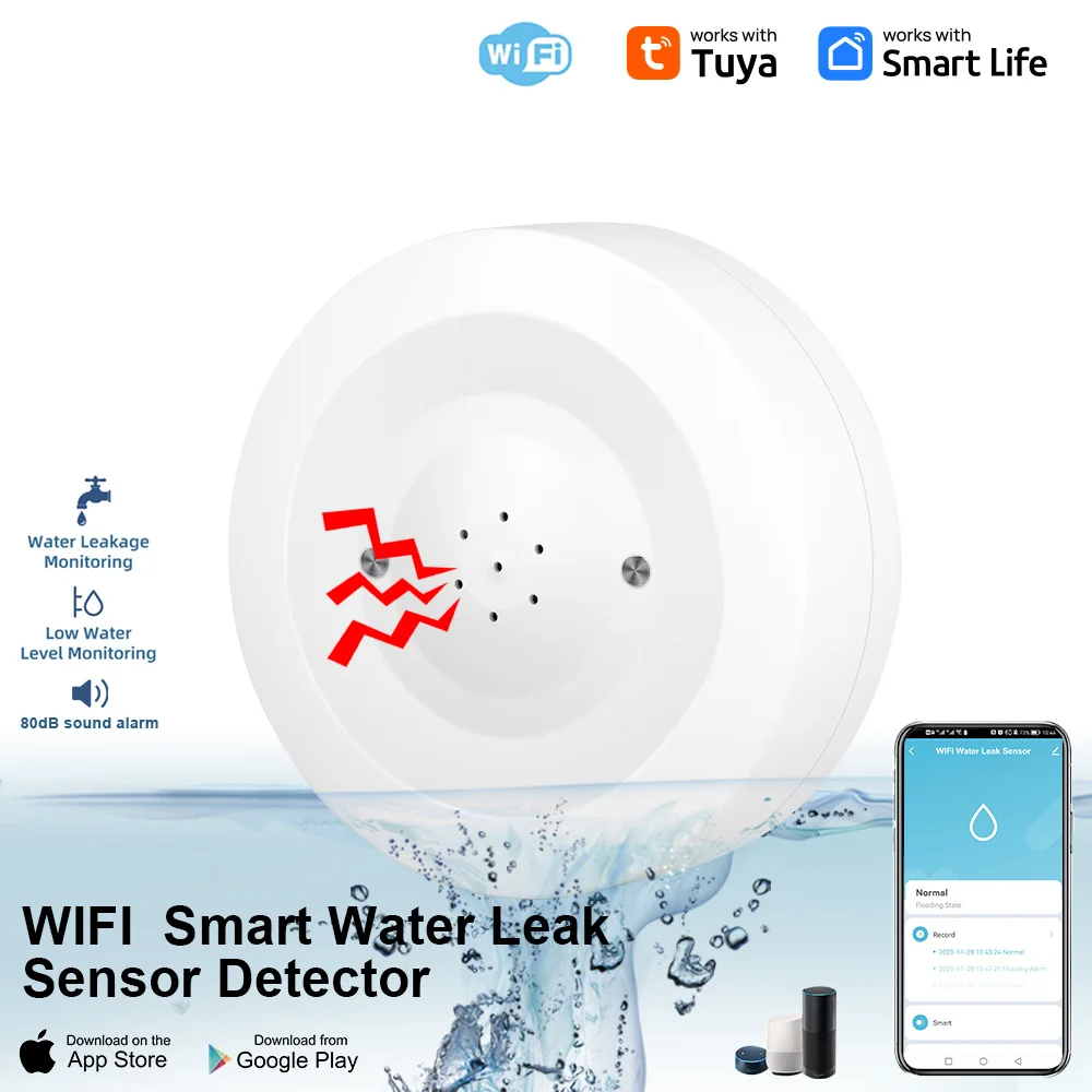 Tuya Zigbee Water Leak Sensor Flood Leakage Detector with Sound Alarm 80dB and IP55 WaterProof Sensor Remote Monitor