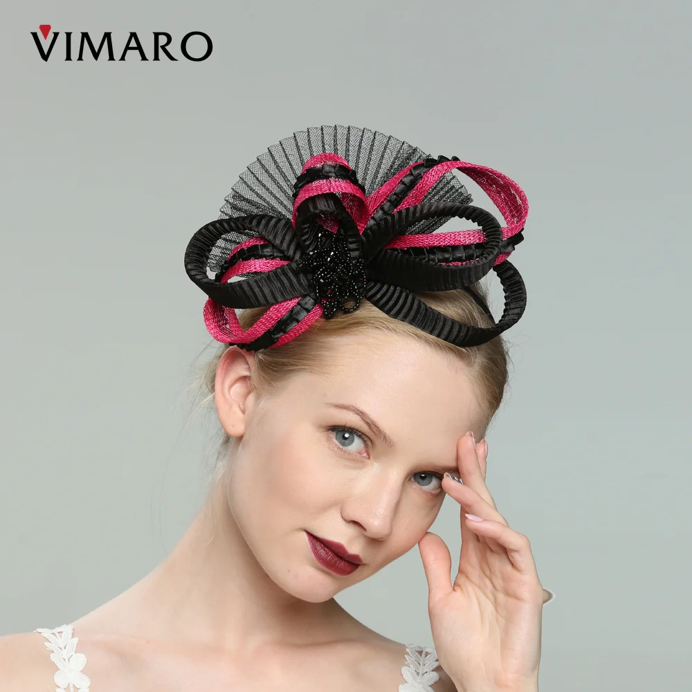 VIMARO – chapeaux noirs et Fuchsia Sinamay pour femmes, bandeaux élégants, chapeaux pour mariage et église, chapeau Derby