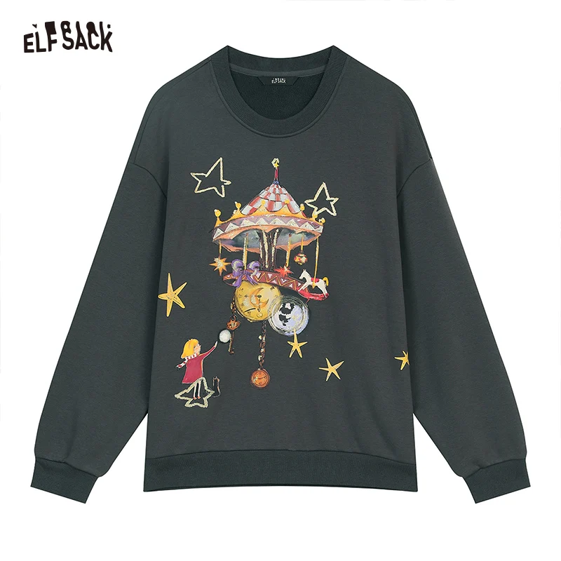 ELFSACK 2024 Winter New Arrivals Retro loose round neck full print sweatshirt for women