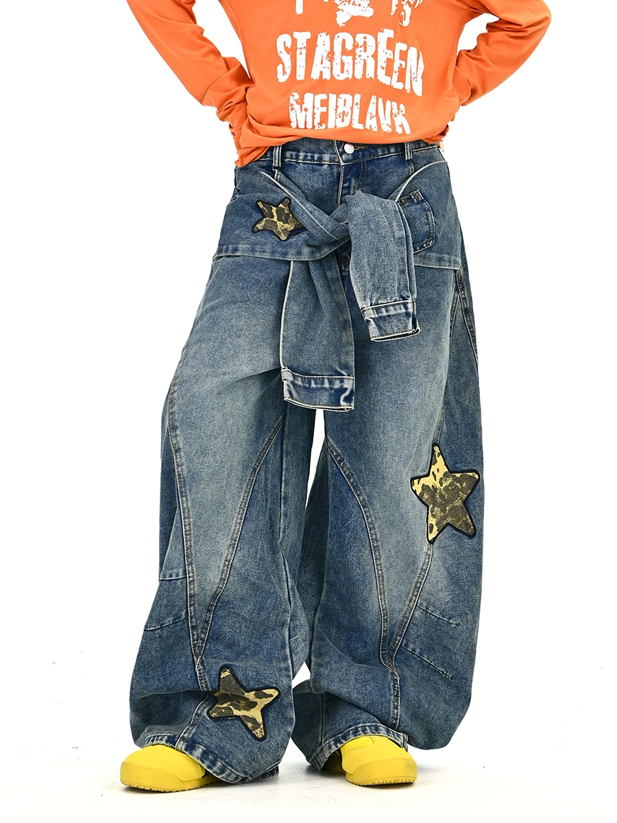 

American Retro Leopard Print Star Embroidery Denim Pants Loose Wide Leg Jeans Unisex Street Style Youth Fashion Casual Trousers