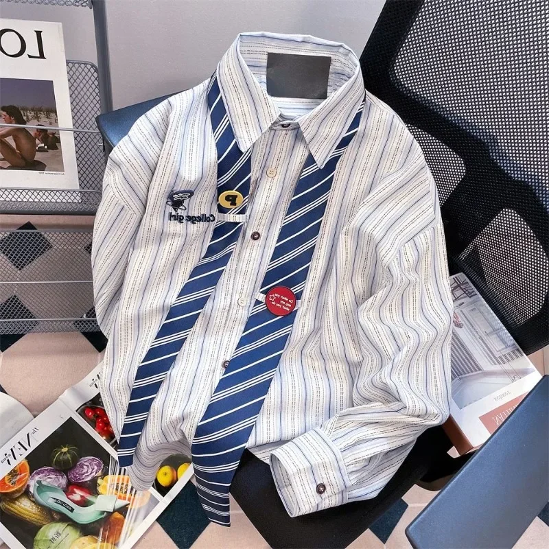 EBAIHUI Blue Striped with Tie Men's Long Sleeved Shirt College Style Design Lapel Male Blouse Spring Autumn Loose Casual Top