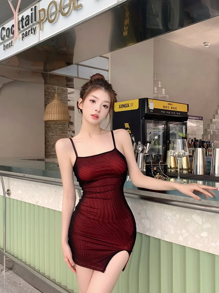 Feminino dupla camada de malha vestido magro sem mangas festa bodycon elástico split sexy clubwear magro outfit bandagem tendência 2025