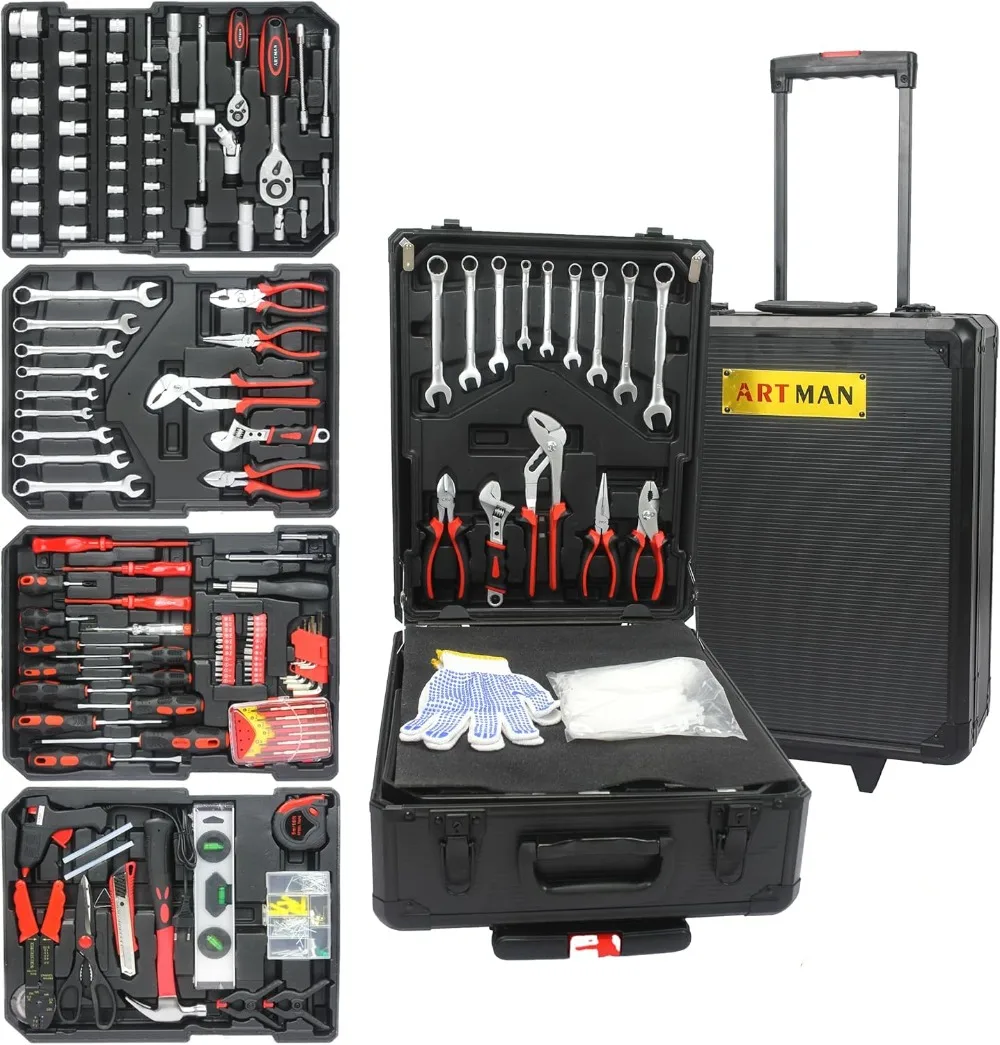 899pcs Artman Tool Set  Set Mechanics Kit, General Household Hand Tool Set for Home, Rolling Box with Wheels  (Black)