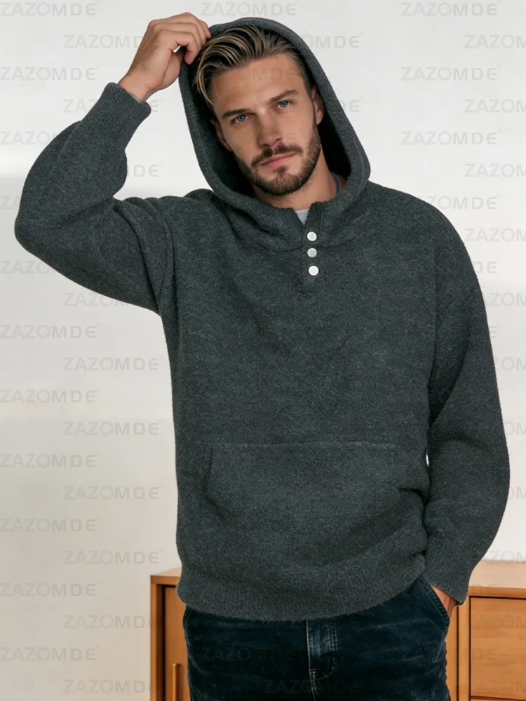 

ZAZOMDE American Casual Heavyweight Hooded Sweater For Men Grey Colorwork Three Snaps Detail Utility Chest Pocket Relaxed Fit