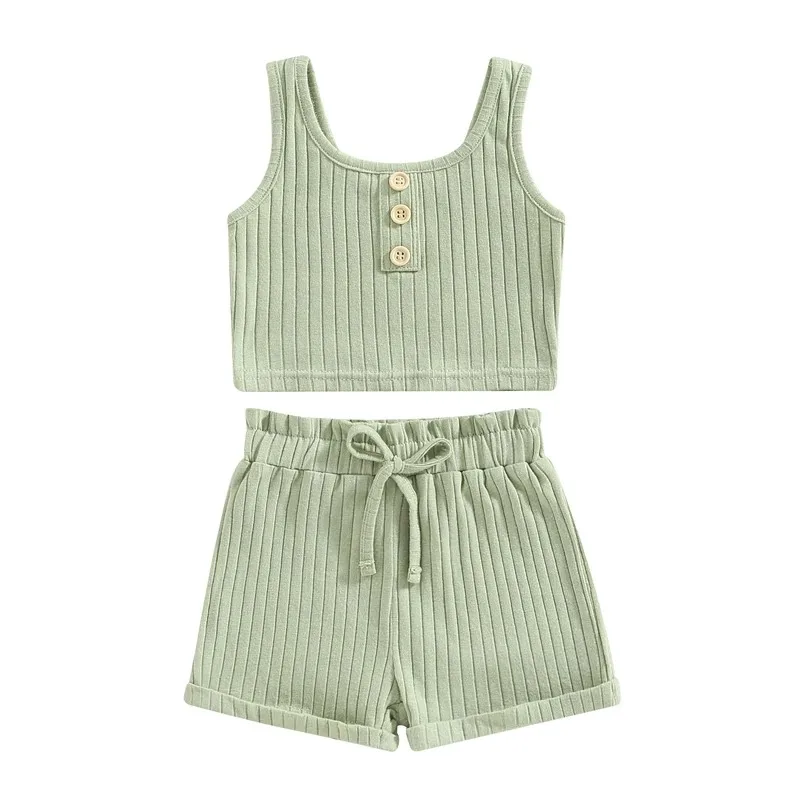 Toddler Girls 2Pcs Summer Outfit Sets Solid Button Vest Ribbed Drawstring Shorts Suits
