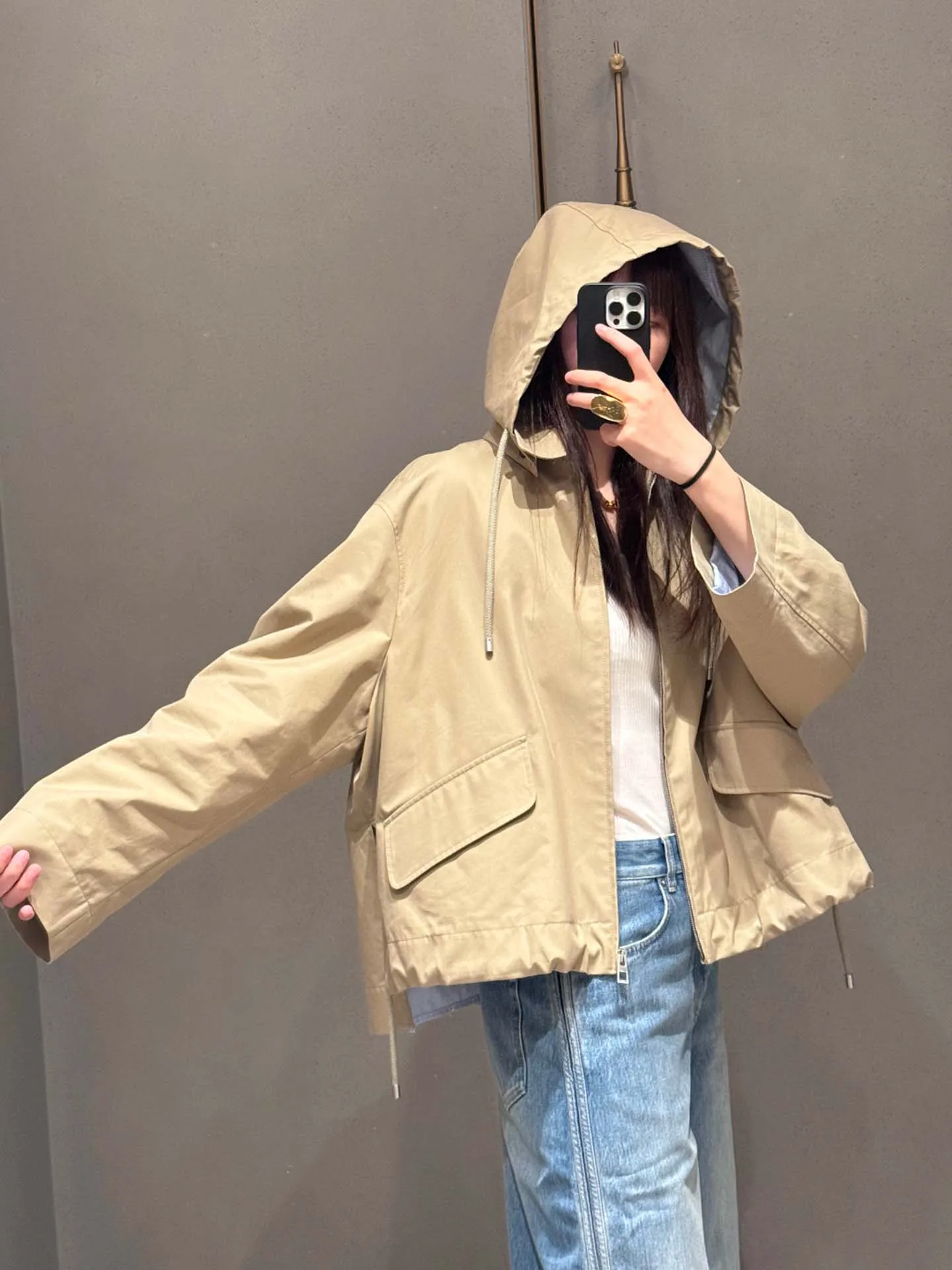 

Detachable Cap ort Sle Women's Parka Coat Casual Loose Fit Cotton Material Zipper Closure Pure Color Design Summer New Ar...