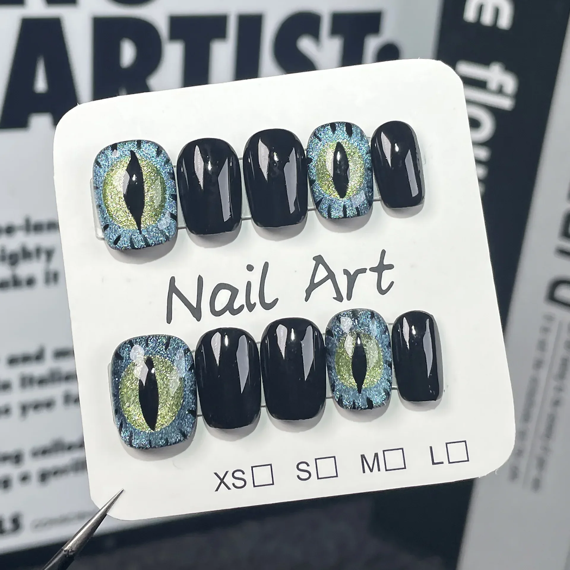 10Pcs Short Cat Eye Press On Nails Sweet Cool False Nails Hot Girl Black Handmade Wearable Full Cover Fake Nail Tips With Glue