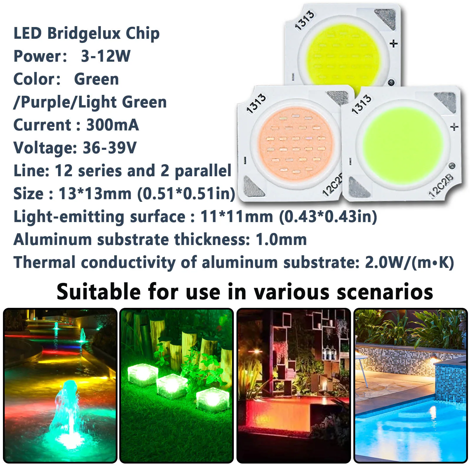 Bridgelux-Chips de luz LED de 3 a 12W, lámpara de matriz, DC36-39V de 300mA, verde/morado/verde claro, reflector para el hogar, 10 unidades