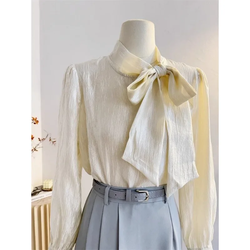 

French High-end Lace-up Bow Long-sleeved Shirt for Women 2025 Autumn New Streamer Shirt Temperament Small Shirt Top