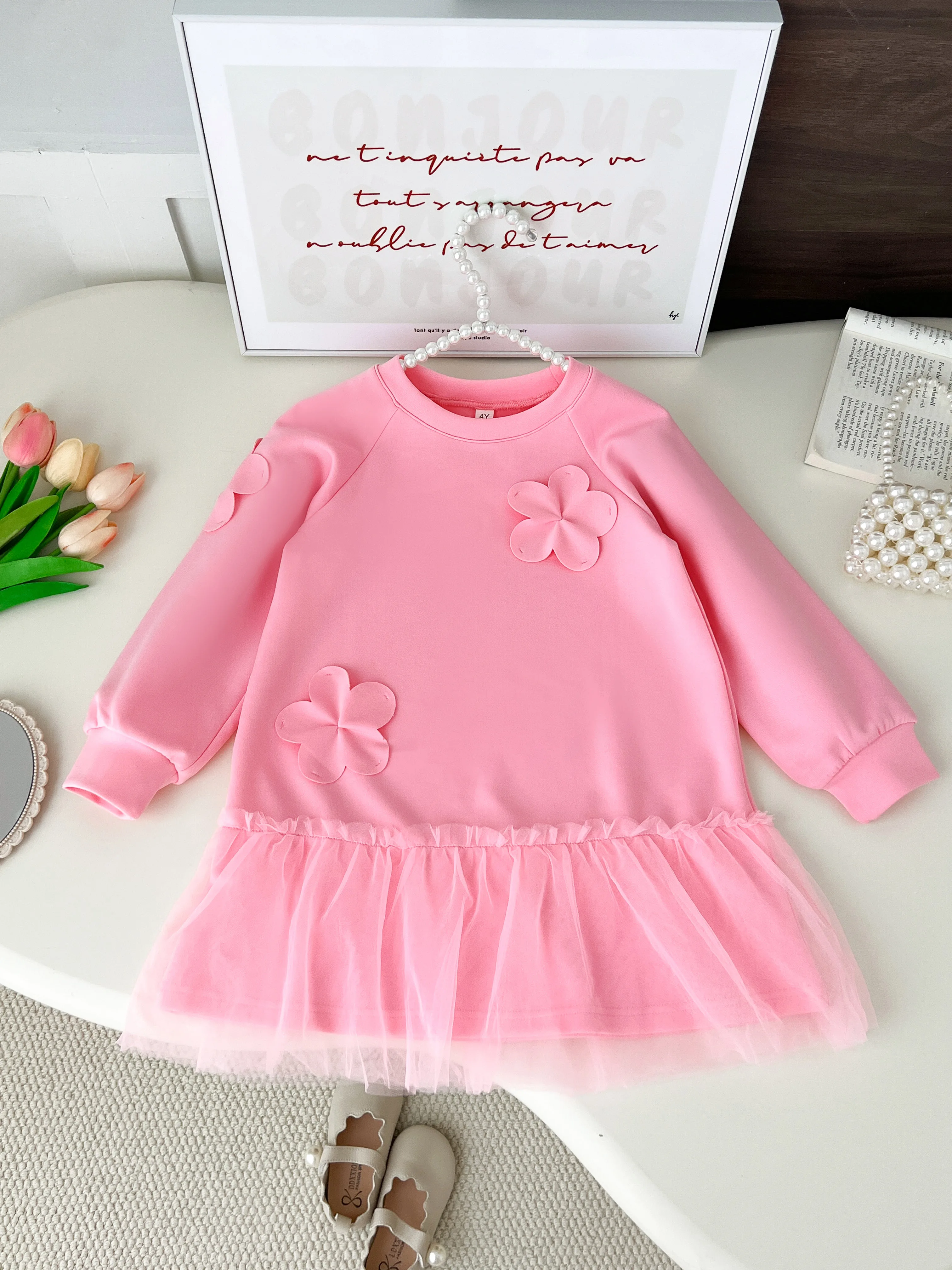 

Юмор Медведь, корейская версия, повседневные платья с длинными рукавами для девочек, осеннее платье с цветочной вышивкой, детская одежда