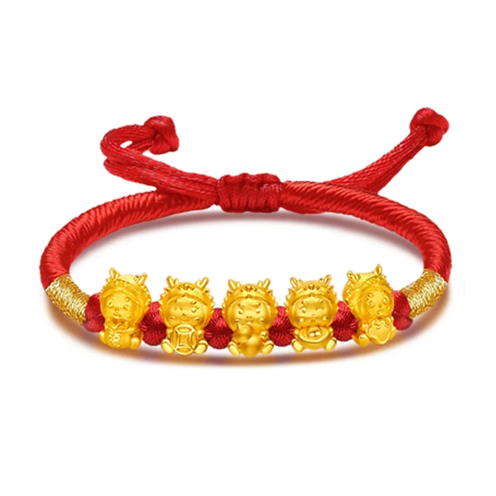 24K Pure Yellow Gold Bracelet for Women Handmade 3D Zodiac Five Dragon Amulet with Red String Adjustable Length 16-18cm