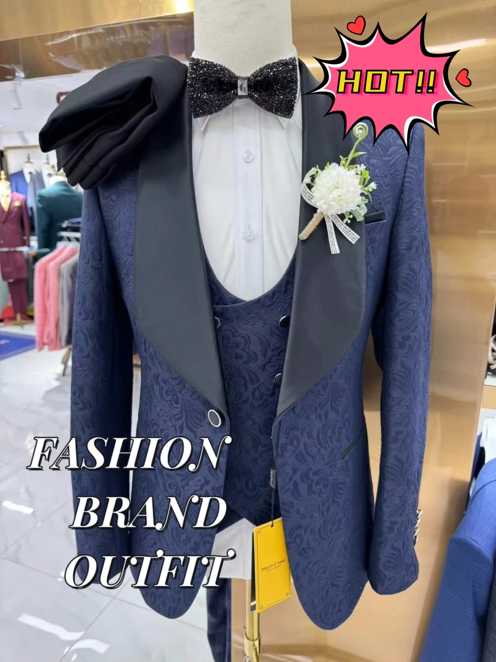 

Delicate Jacquard Weave Man's Suit Banquet Party Customized 3-pieces Set Modern Single Breasted Groom Wear Jacket Vest Pants